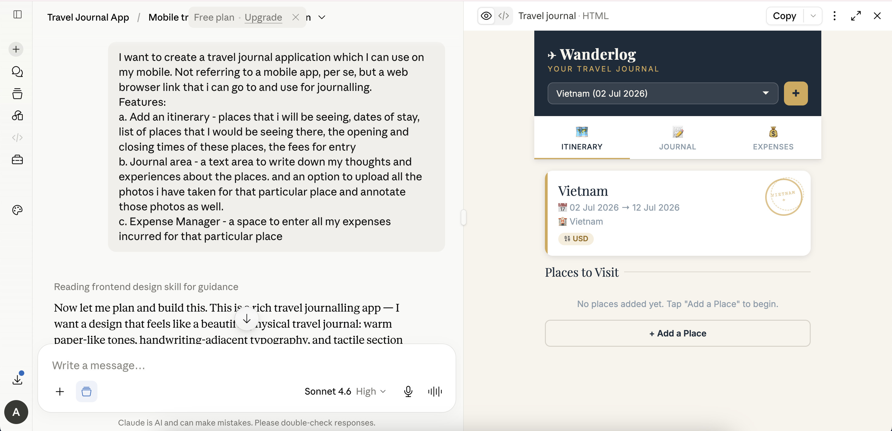 1st Draft: Claude Prototype of Travel Journal